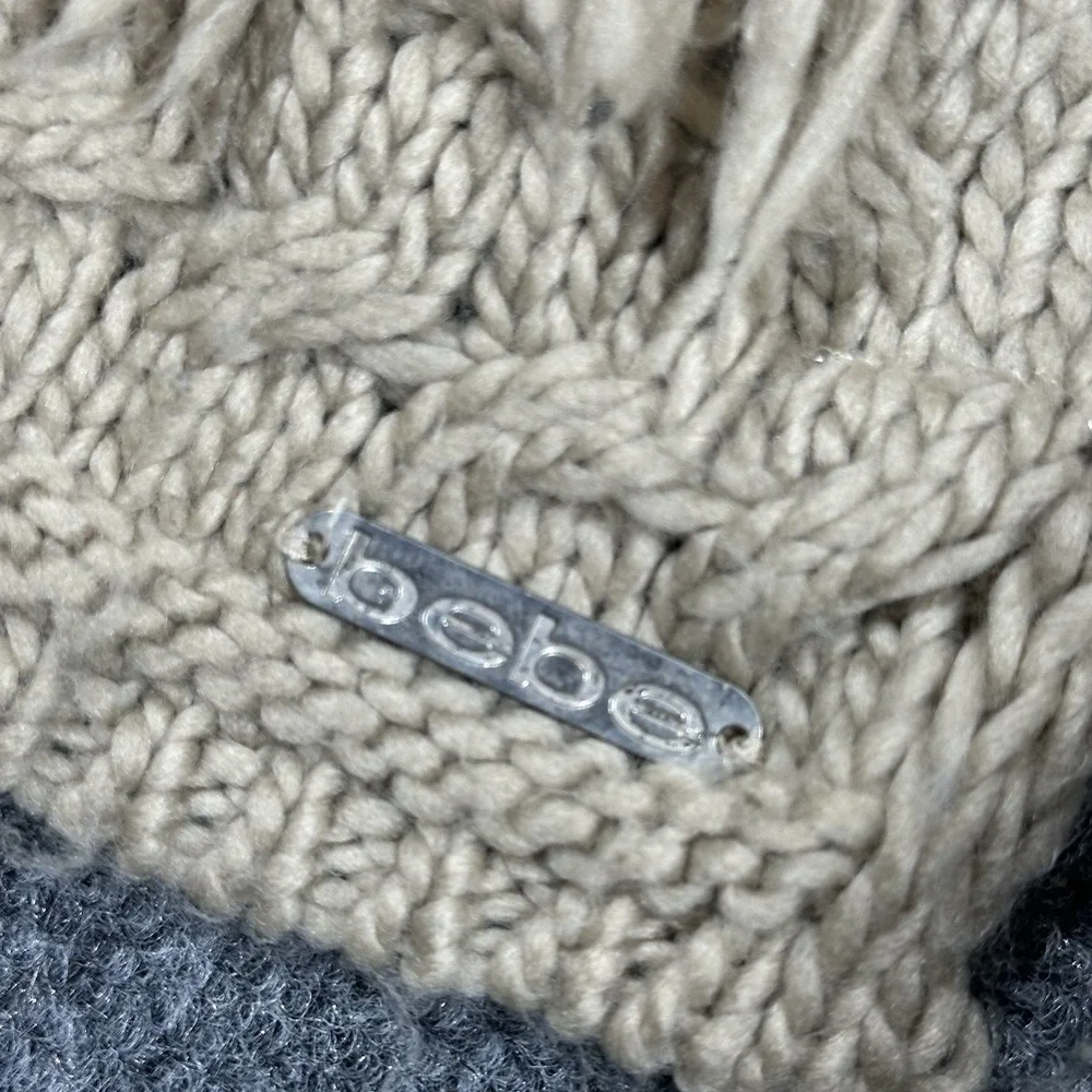 Bebe Tan Beige Cable Knit Scarf and Pom Beanie Hat Set OSFM Fringe‎ Logo